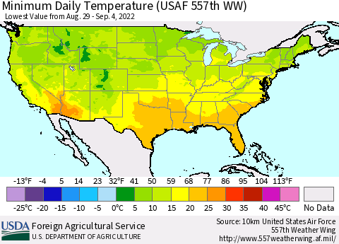 United States Minimum Daily Temperature (USAF 557th WW) Thematic Map For 8/29/2022 - 9/4/2022