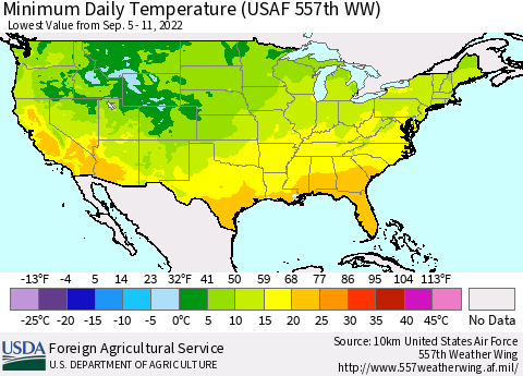 United States Minimum Daily Temperature (USAF 557th WW) Thematic Map For 9/5/2022 - 9/11/2022