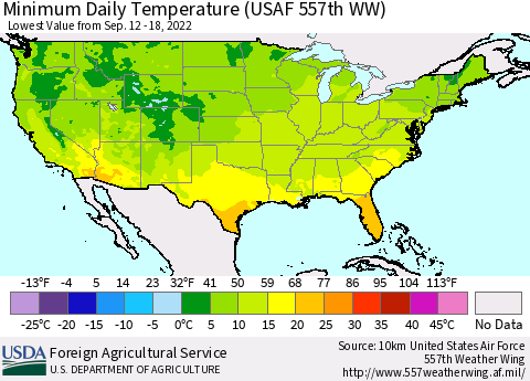 United States Minimum Daily Temperature (USAF 557th WW) Thematic Map For 9/12/2022 - 9/18/2022