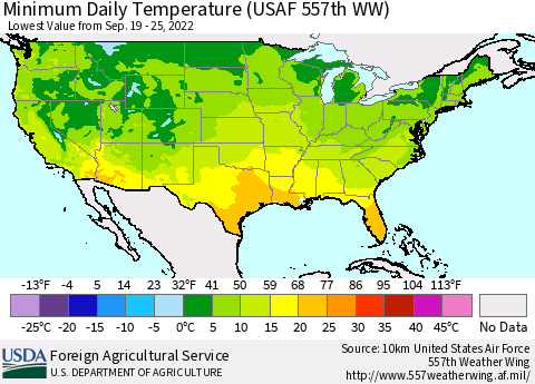 United States Minimum Daily Temperature (USAF 557th WW) Thematic Map For 9/19/2022 - 9/25/2022