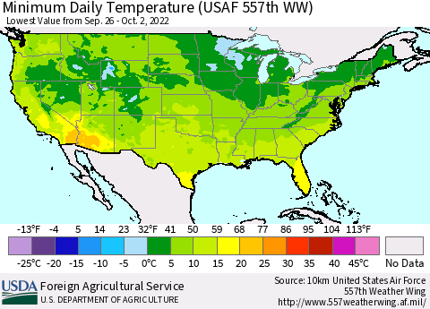 United States Minimum Daily Temperature (USAF 557th WW) Thematic Map For 9/26/2022 - 10/2/2022