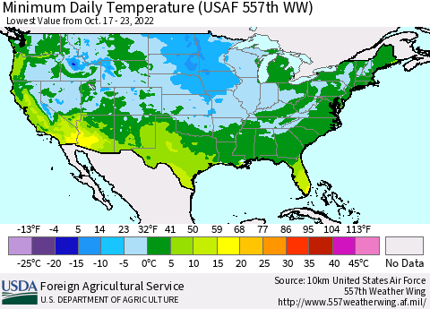 United States Minimum Daily Temperature (USAF 557th WW) Thematic Map For 10/17/2022 - 10/23/2022