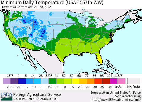 United States Minimum Daily Temperature (USAF 557th WW) Thematic Map For 10/24/2022 - 10/30/2022
