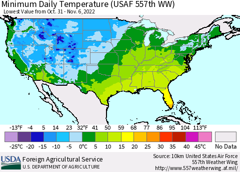 United States Minimum Daily Temperature (USAF 557th WW) Thematic Map For 10/31/2022 - 11/6/2022