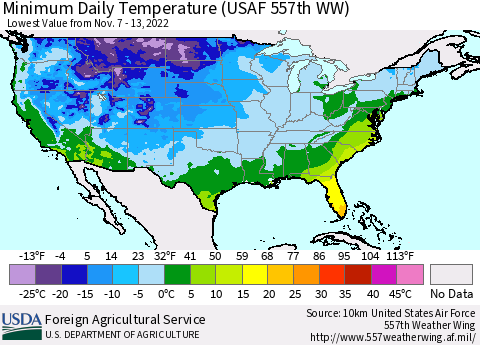 United States Minimum Daily Temperature (USAF 557th WW) Thematic Map For 11/7/2022 - 11/13/2022