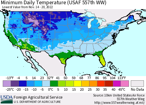 United States Minimum Daily Temperature (USAF 557th WW) Thematic Map For 11/14/2022 - 11/20/2022
