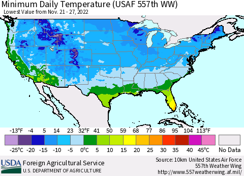United States Minimum Daily Temperature (USAF 557th WW) Thematic Map For 11/21/2022 - 11/27/2022