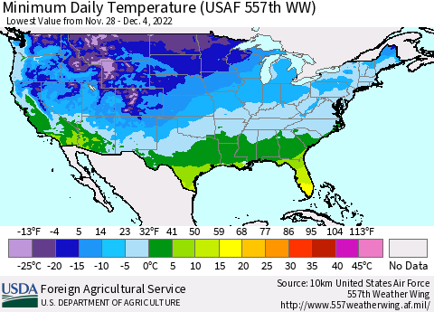 United States Minimum Daily Temperature (USAF 557th WW) Thematic Map For 11/28/2022 - 12/4/2022