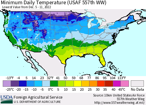 United States Minimum Daily Temperature (USAF 557th WW) Thematic Map For 12/5/2022 - 12/11/2022