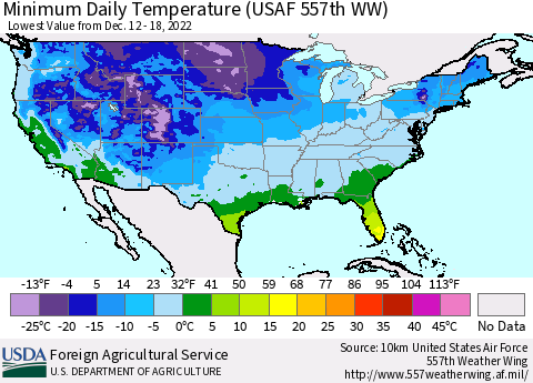 United States Minimum Daily Temperature (USAF 557th WW) Thematic Map For 12/12/2022 - 12/18/2022