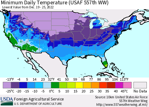 United States Minimum Daily Temperature (USAF 557th WW) Thematic Map For 12/19/2022 - 12/25/2022