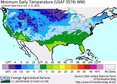 United States Minimum Daily Temperature (USAF 557th WW) Thematic Map For 1/2/2023 - 1/8/2023