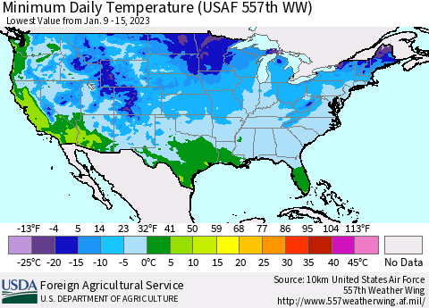 United States Minimum Daily Temperature (USAF 557th WW) Thematic Map For 1/9/2023 - 1/15/2023