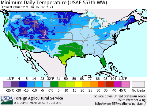 United States Minimum Daily Temperature (USAF 557th WW) Thematic Map For 1/16/2023 - 1/22/2023