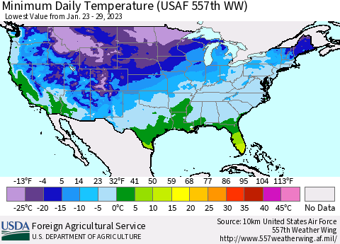 United States Minimum Daily Temperature (USAF 557th WW) Thematic Map For 1/23/2023 - 1/29/2023
