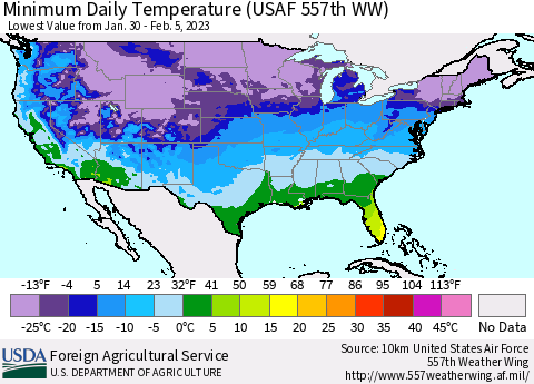 United States Minimum Daily Temperature (USAF 557th WW) Thematic Map For 1/30/2023 - 2/5/2023