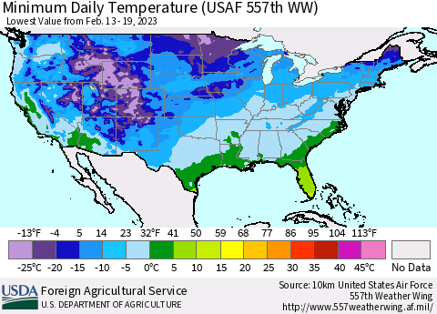 United States Minimum Daily Temperature (USAF 557th WW) Thematic Map For 2/13/2023 - 2/19/2023