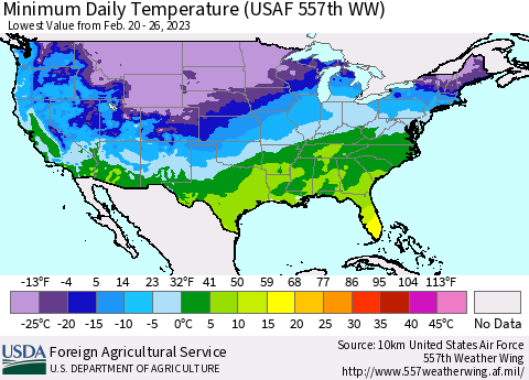 United States Minimum Daily Temperature (USAF 557th WW) Thematic Map For 2/20/2023 - 2/26/2023