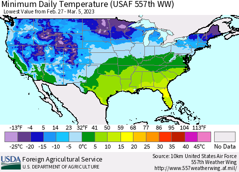 United States Minimum Daily Temperature (USAF 557th WW) Thematic Map For 2/27/2023 - 3/5/2023