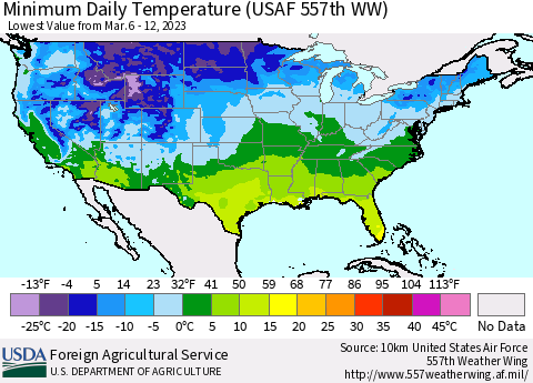 United States Minimum Daily Temperature (USAF 557th WW) Thematic Map For 3/6/2023 - 3/12/2023