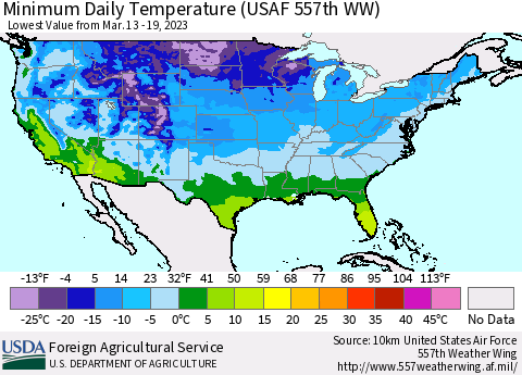 United States Minimum Daily Temperature (USAF 557th WW) Thematic Map For 3/13/2023 - 3/19/2023