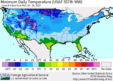 United States Minimum Daily Temperature (USAF 557th WW) Thematic Map For 3/20/2023 - 3/26/2023