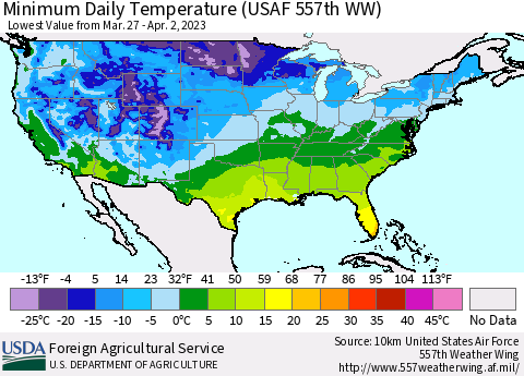 United States Minimum Daily Temperature (USAF 557th WW) Thematic Map For 3/27/2023 - 4/2/2023