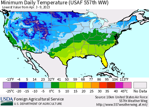 United States Minimum Daily Temperature (USAF 557th WW) Thematic Map For 4/3/2023 - 4/9/2023