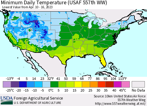 United States Minimum Daily Temperature (USAF 557th WW) Thematic Map For 4/10/2023 - 4/16/2023