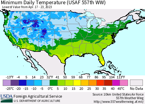 United States Minimum Daily Temperature (USAF 557th WW) Thematic Map For 4/17/2023 - 4/23/2023
