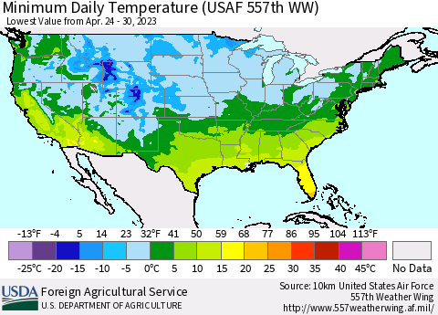 United States Minimum Daily Temperature (USAF 557th WW) Thematic Map For 4/24/2023 - 4/30/2023