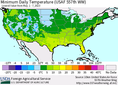United States Minimum Daily Temperature (USAF 557th WW) Thematic Map For 5/1/2023 - 5/7/2023