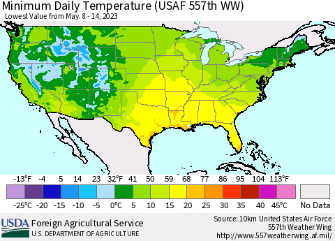 United States Minimum Daily Temperature (USAF 557th WW) Thematic Map For 5/8/2023 - 5/14/2023