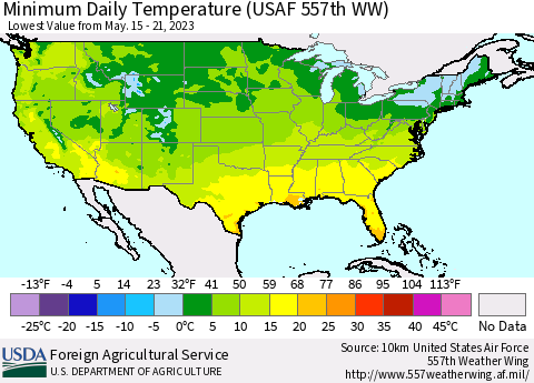 United States Minimum Daily Temperature (USAF 557th WW) Thematic Map For 5/15/2023 - 5/21/2023