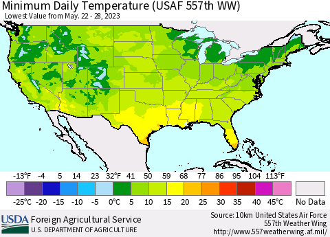 United States Minimum Daily Temperature (USAF 557th WW) Thematic Map For 5/22/2023 - 5/28/2023