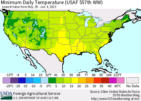 United States Minimum Daily Temperature (USAF 557th WW) Thematic Map For 5/29/2023 - 6/4/2023