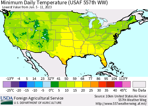 United States Minimum Daily Temperature (USAF 557th WW) Thematic Map For 6/5/2023 - 6/11/2023