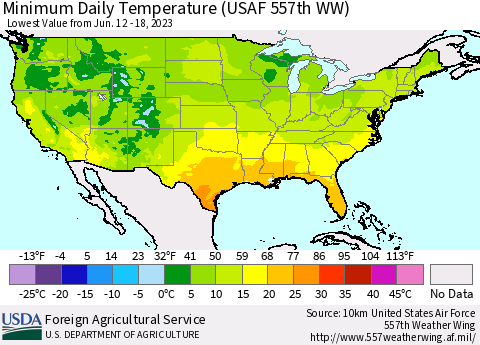 United States Minimum Daily Temperature (USAF 557th WW) Thematic Map For 6/12/2023 - 6/18/2023