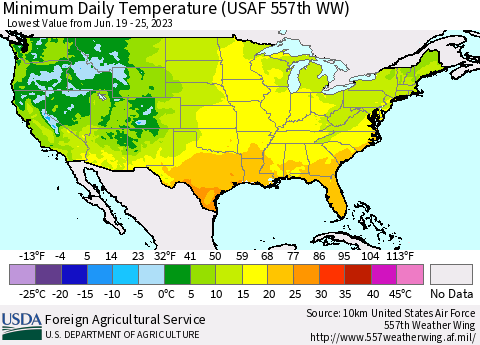 United States Minimum Daily Temperature (USAF 557th WW) Thematic Map For 6/19/2023 - 6/25/2023