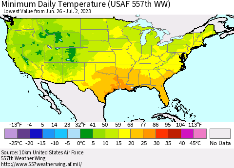 United States Minimum Daily Temperature (USAF 557th WW) Thematic Map For 6/26/2023 - 7/2/2023