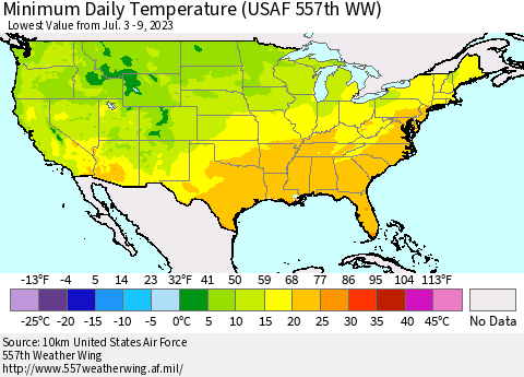 United States Minimum Daily Temperature (USAF 557th WW) Thematic Map For 7/3/2023 - 7/9/2023
