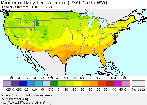 United States Minimum Daily Temperature (USAF 557th WW) Thematic Map For 7/10/2023 - 7/16/2023