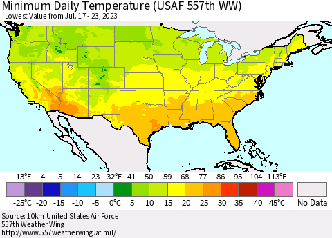 United States Minimum Daily Temperature (USAF 557th WW) Thematic Map For 7/17/2023 - 7/23/2023