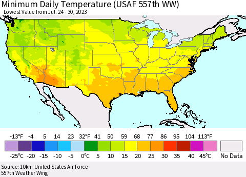 United States Minimum Daily Temperature (USAF 557th WW) Thematic Map For 7/24/2023 - 7/30/2023