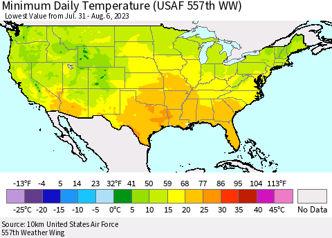 United States Minimum Daily Temperature (USAF 557th WW) Thematic Map For 7/31/2023 - 8/6/2023