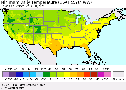 United States Minimum Daily Temperature (USAF 557th WW) Thematic Map For 9/4/2023 - 9/10/2023