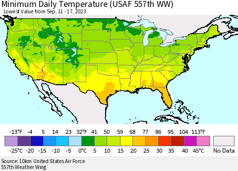 United States Minimum Daily Temperature (USAF 557th WW) Thematic Map For 9/11/2023 - 9/17/2023