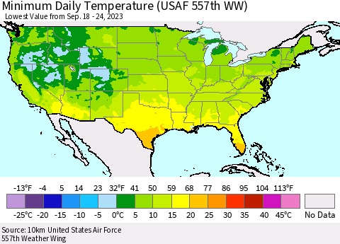 United States Minimum Daily Temperature (USAF 557th WW) Thematic Map For 9/18/2023 - 9/24/2023
