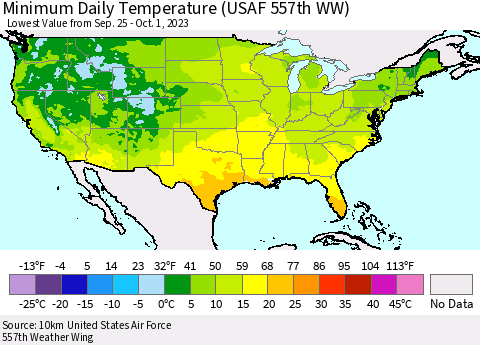United States Minimum Daily Temperature (USAF 557th WW) Thematic Map For 9/25/2023 - 10/1/2023