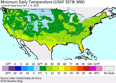 United States Minimum Daily Temperature (USAF 557th WW) Thematic Map For 10/2/2023 - 10/8/2023